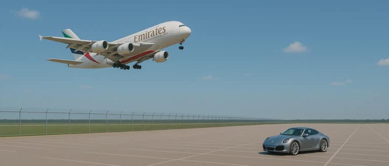 Ein Auto am Flughafenparkplatz, hinter dem ein Flugzeug startet